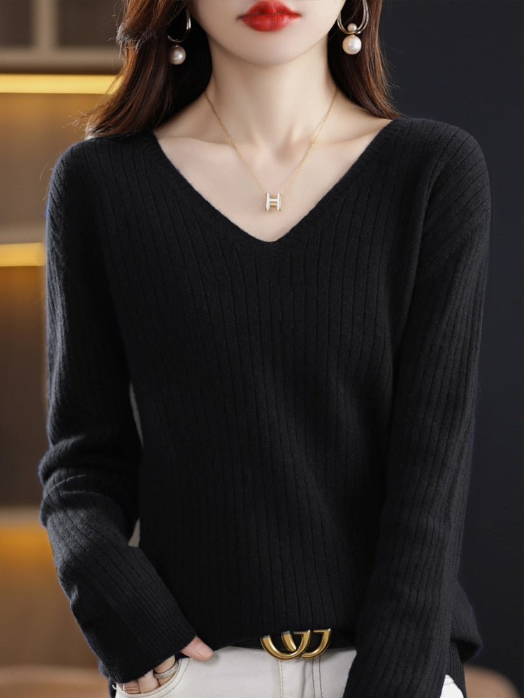 Drune - Strickpullover mit V-Ausschnitt - Damen Elegant Gemusterter Pullover