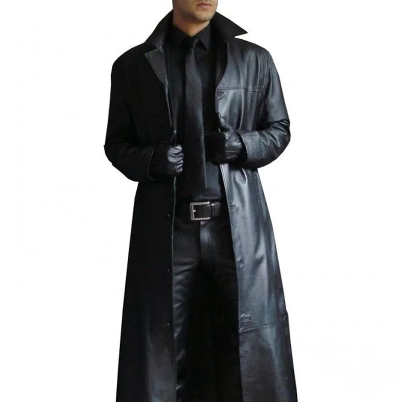 Drune | Lange Kunstlederjacke für Herren mit Krage