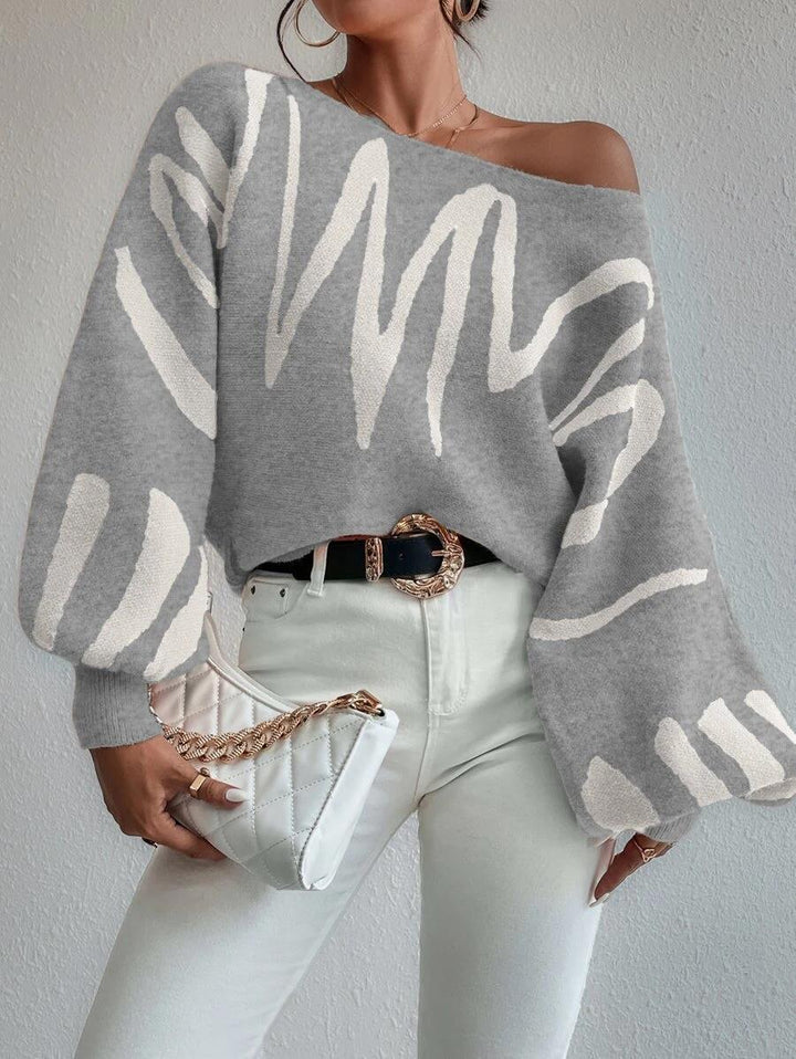 Drune Pullover | Hellgrauer schulterfreier Oversized-Pullover mit Puffärmeln