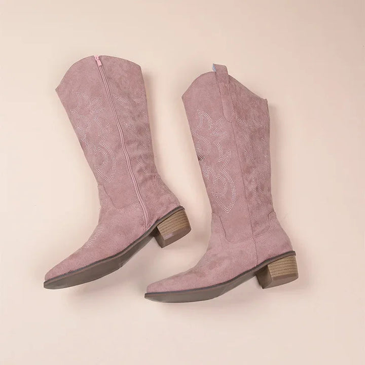 Drune | Cowboy-Stiefel – Wildleder-Textur – Bestickter Western-Stil – Halb Hoch – Niedriger Absatz