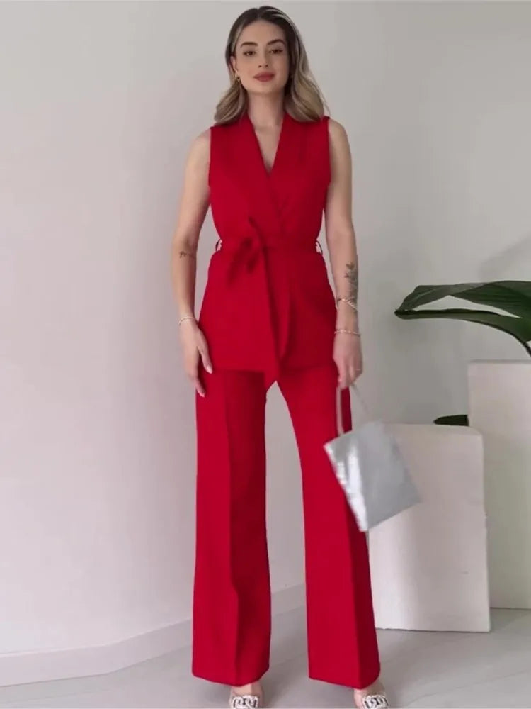 Drune | Ärmelloser Blazer-Anzug Taillierte Passform Wickel-V-Ausschnitt Weite Hose