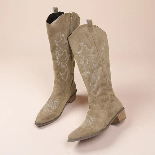 Drune | Cowboy-Stiefel – Wildleder-Textur – Bestickter Western-Stil – Halb Hoch – Niedriger Absatz