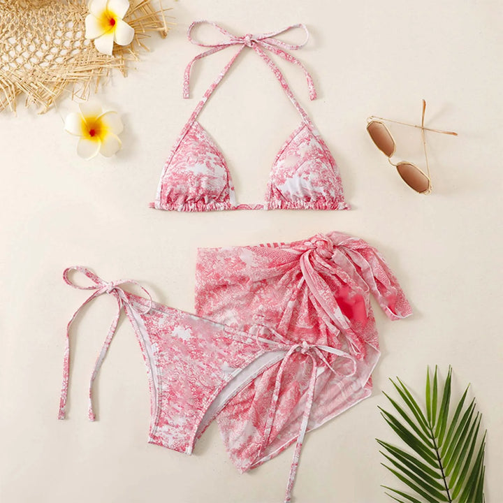 Drune | Damen Dreiteilig Badekleidung Sommer Push-Up Hohe Taille Bikini Set mit Bedeckung Rock Tie Dyed Schwimmen Badeanzug Strandbekleidung