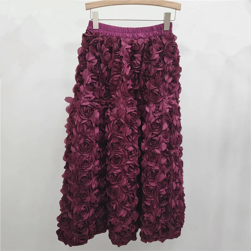 Drune | Herbst Neu Vielseitig Drei Dimensional Blumen Mittlere Falten Rock Hohe Taille Große Schwung Mode A-Linie Röcke Frauen