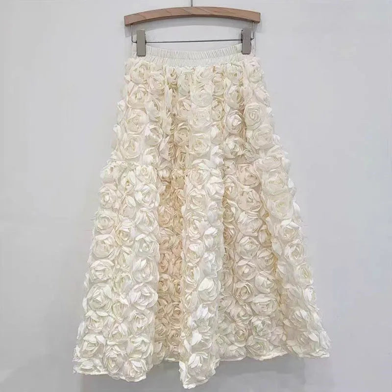 Drune | Herbst Neu Vielseitig Drei Dimensional Blumen Mittlere Falten Rock Hohe Taille Große Schwung Mode A-Linie Röcke Frauen