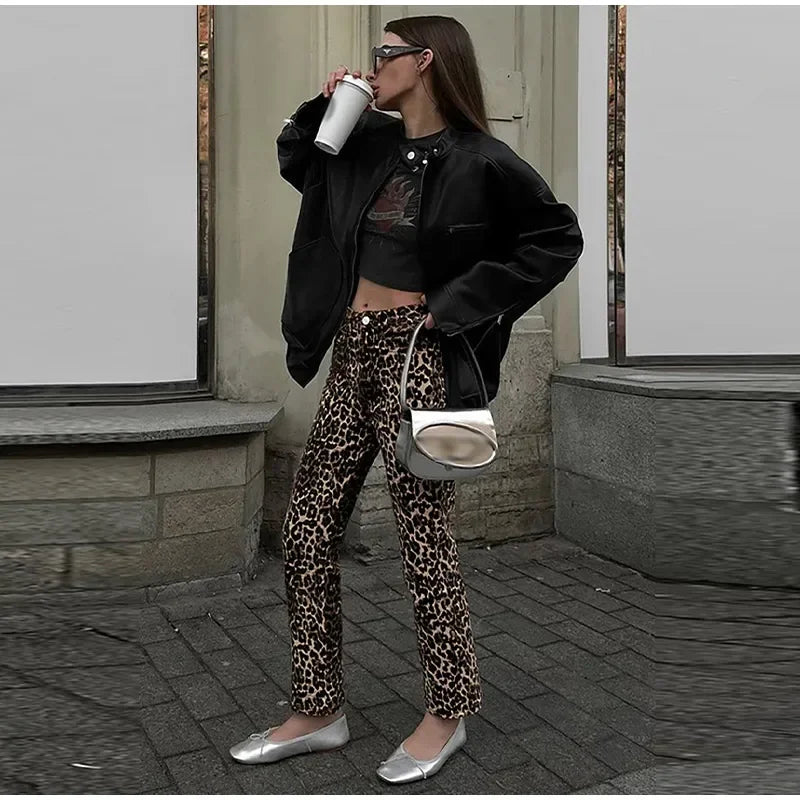 Drune Leopard-Print-Jeans | Stylische schmale Streetwear Damenhose im Pencil-Stil