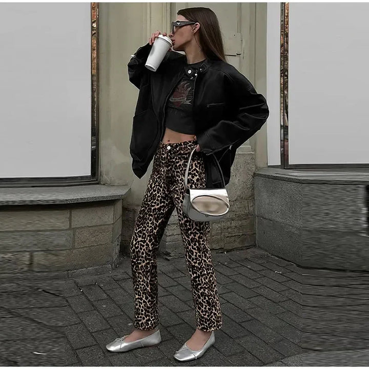 Drune Leopard-Print-Jeans | Stylische schmale Streetwear Damenhose im Pencil-Stil