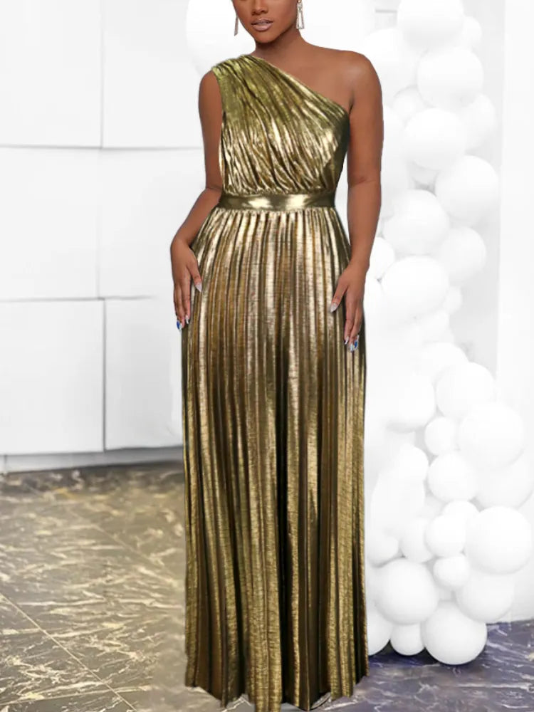Drune | Elegantes One Shoulder Abendkleid in Metallic Optik