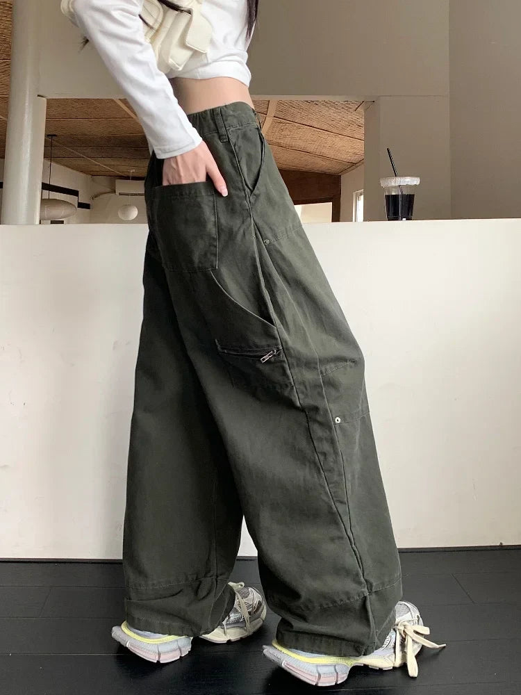Drune | Y2K Streetwear Vintage Grün Baggy Jeans Cargo-Hosen für Damen Designer Kleidung Weit Beinformte Legere Damenhosen