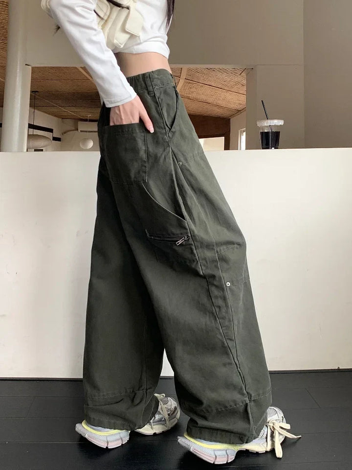 Drune | Y2K Streetwear Vintage Grün Baggy Jeans Cargo-Hosen für Damen Designer Kleidung Weit Beinformte Legere Damenhosen