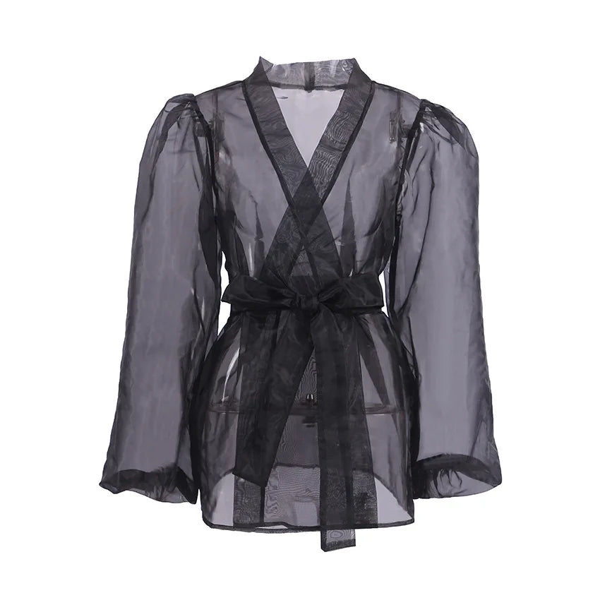 Drune | Durchsichtige Organza-Bluse mit Bindegürtel