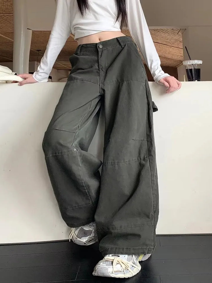 Drune | Y2K Streetwear Vintage Grün Baggy Jeans Cargo-Hosen für Damen Designer Kleidung Weit Beinformte Legere Damenhosen