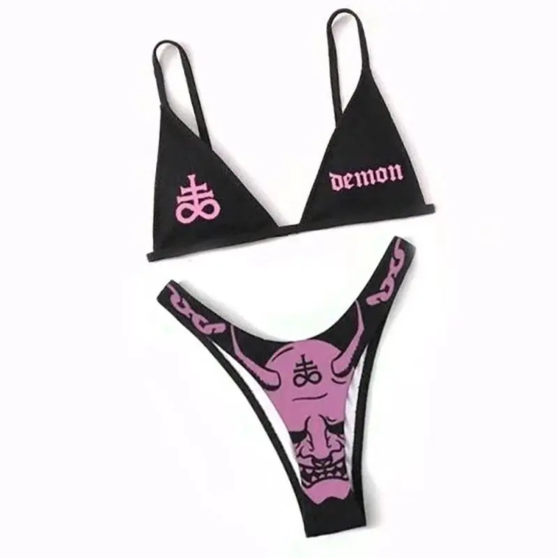 Drune | Sexy Goth Bikini Frauen Buchstaben Totenkopf Druck Badeanzug Split Badeanzug Hohe Taille Gotische Bikini Set Strandoutfits