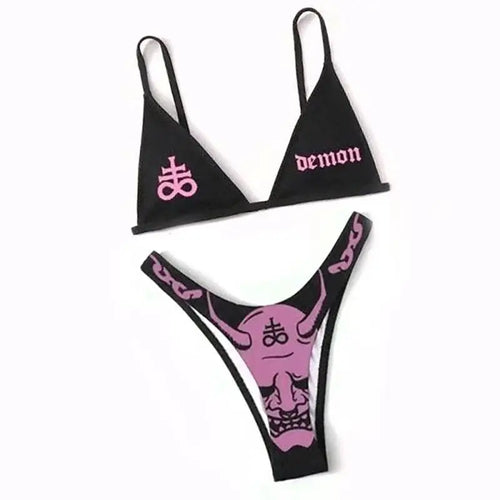 Drune | Sexy Goth Bikini Frauen Buchstaben Totenkopf Druck Badeanzug Split Badeanzug Hohe Taille Gotische Bikini Set Strandoutfits
