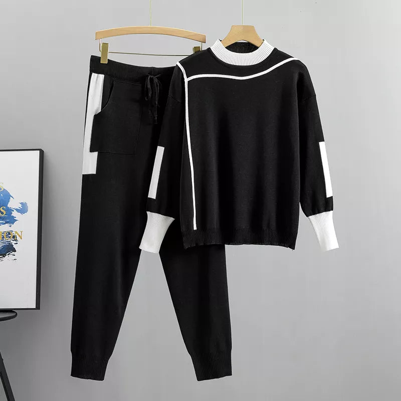Drune | Lässiges Herbst Strick Patchwork Oberteil und Hose Set für Frauen