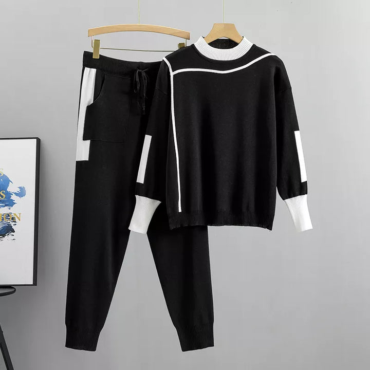Drune | Lässiges Herbst Strick Patchwork Oberteil und Hose Set für Frauen
