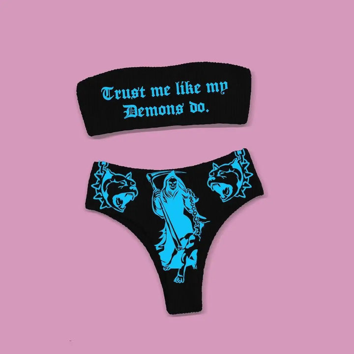 Drune | Sexy Goth Bikini Frauen Buchstaben Totenkopf Druck Badeanzug Split Badeanzug Hohe Taille Gotische Bikini Set Strandoutfits