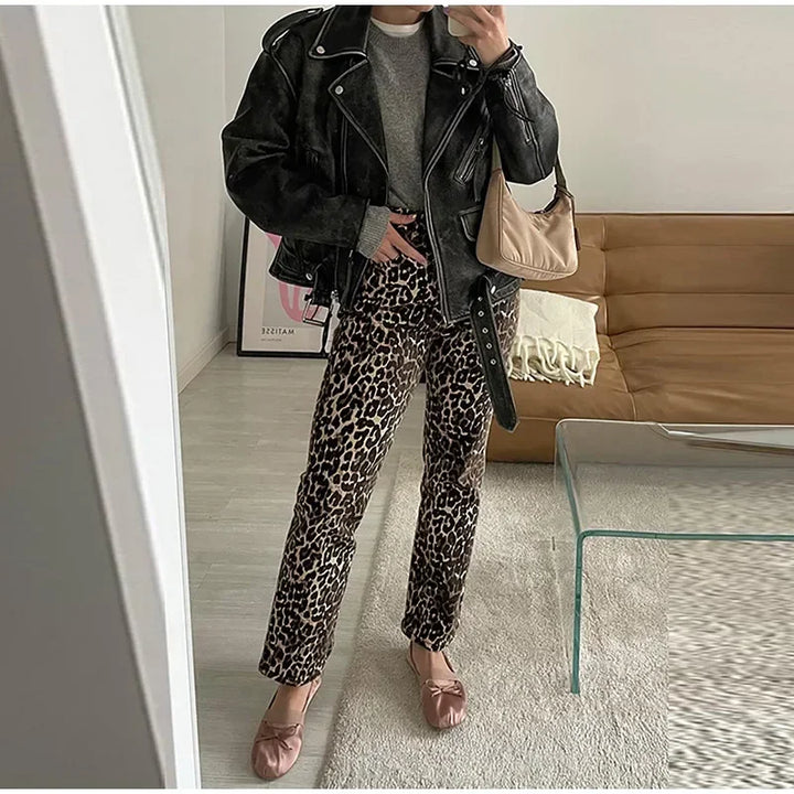 Drune Leopard-Print-Jeans | Stylische schmale Streetwear Damenhose im Pencil-Stil