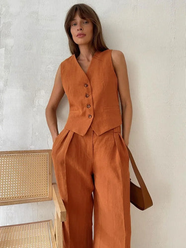 Drune | Wollgefühl Frauen Leinen Baumwolle Schick Weste ＆ Hosen Set Zweiteiliges Set Büro Damen Sommer Schick 2 Teiliges Set Damen Outfits