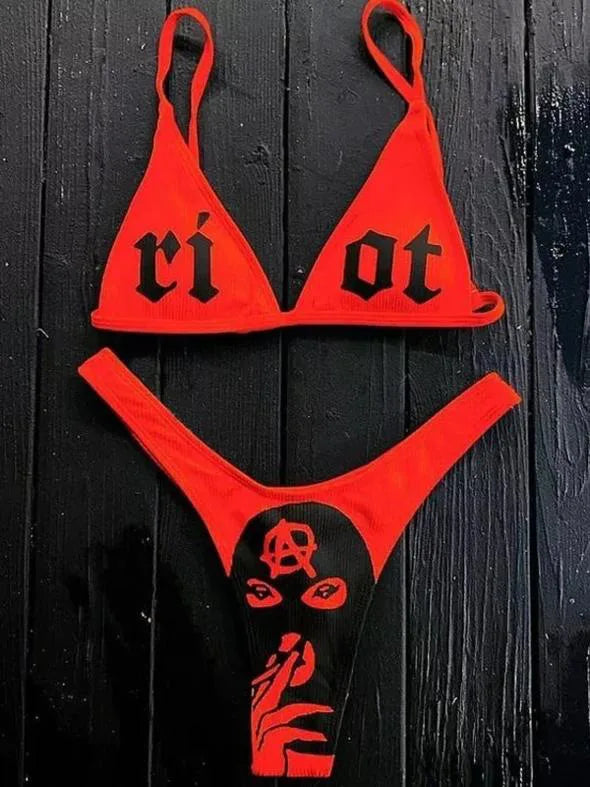 Drune | Sexy Goth Bikini Frauen Buchstaben Totenkopf Druck Badeanzug Split Badeanzug Hohe Taille Gotische Bikini Set Strandoutfits