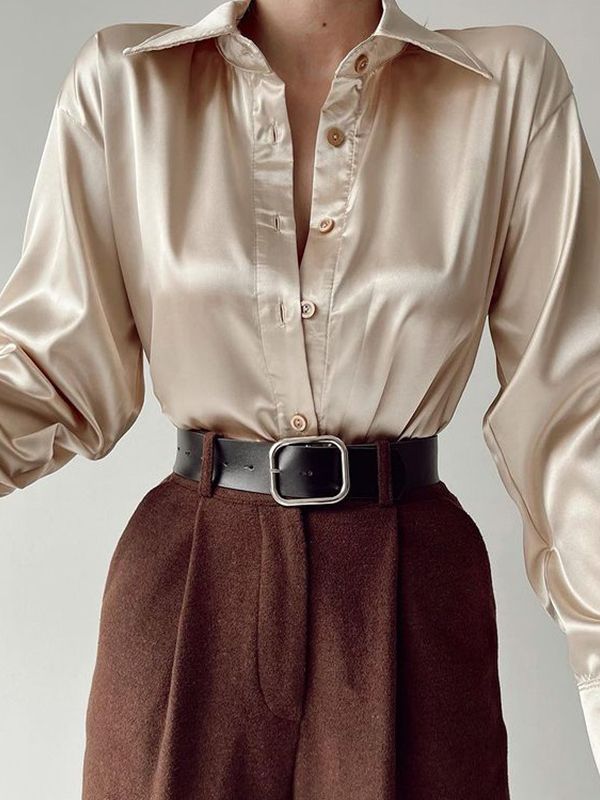 Drune | Satinierte Bluse Mit Polo Kragen Seidenbluse Fürs Büro Weinlese Design Mit Lockerer Knopf Elegante Mode
