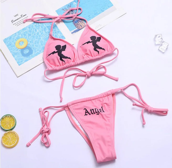 Drune | Sexy Goth Bikini Frauen Buchstaben Totenkopf Druck Badeanzug Split Badeanzug Hohe Taille Gotische Bikini Set Strandoutfits