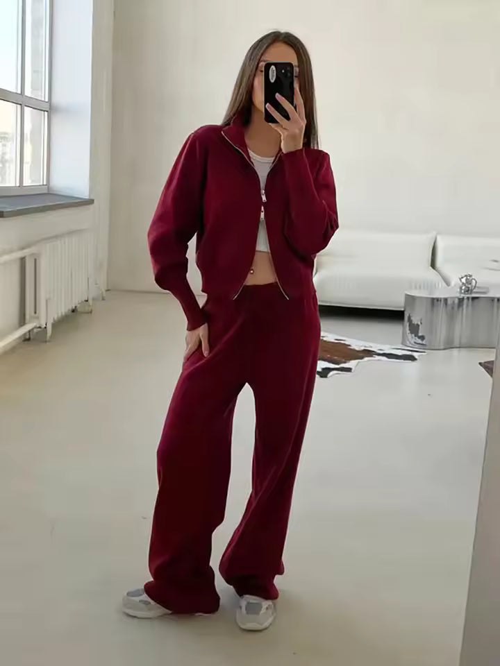 Drune | Damen 2 Teiliges Loungewear Satz mit Reißverschlussjacke und Weitem Hosen