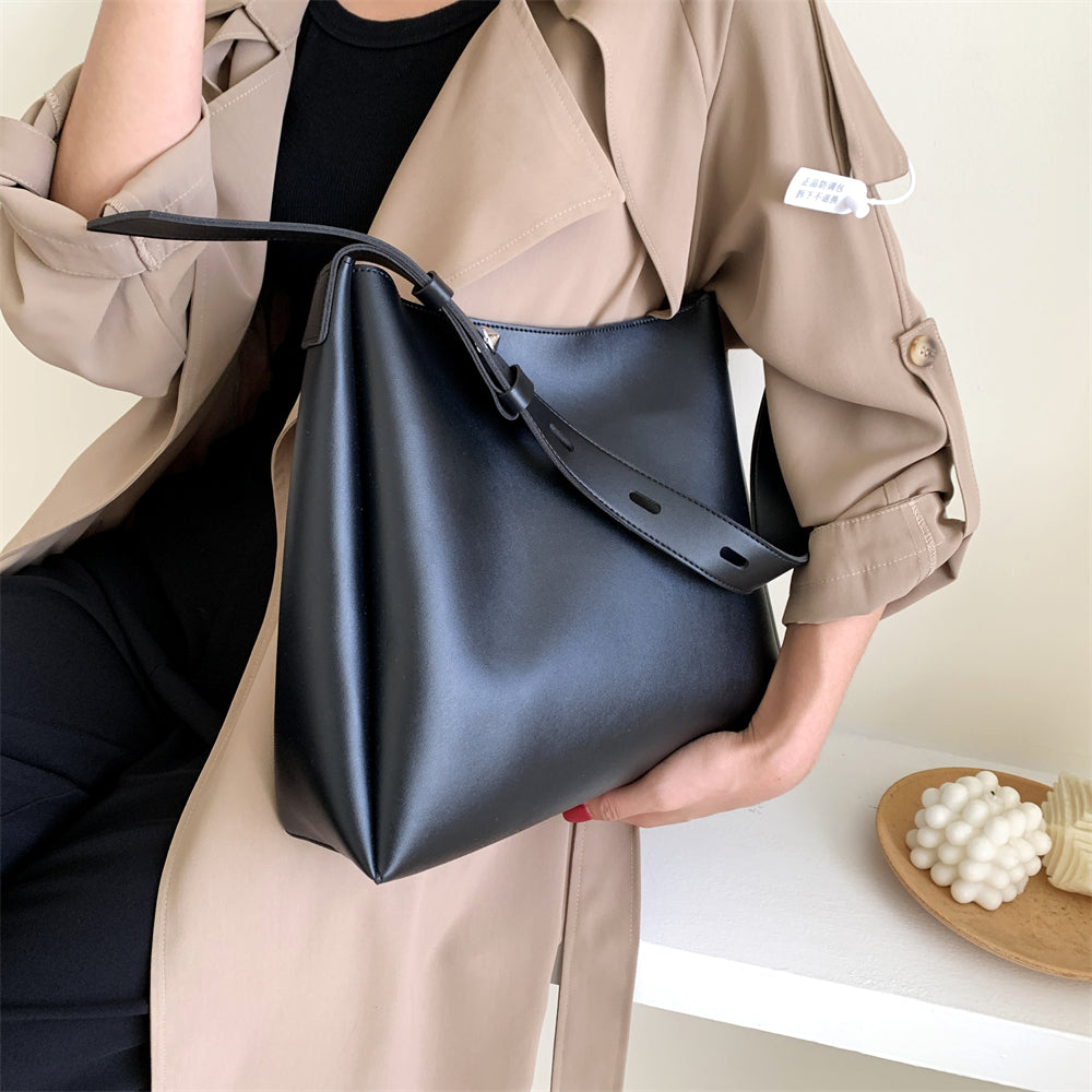 Drune Hochwertige Damen Shopper Große Kapazität Schultertasche Reine Farbe Breiter Riemen Weiches PU-Leder