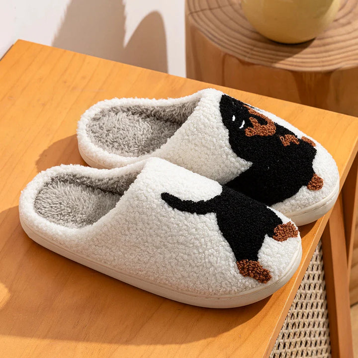 Drune | Damen Slipper Kleine Schwarze Hund Weiche Plüsch Hausschuhe