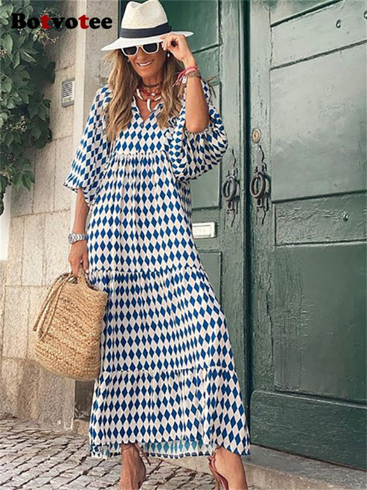Drune | Geometrisches Kleid mit Puffärmeln für Frauen
