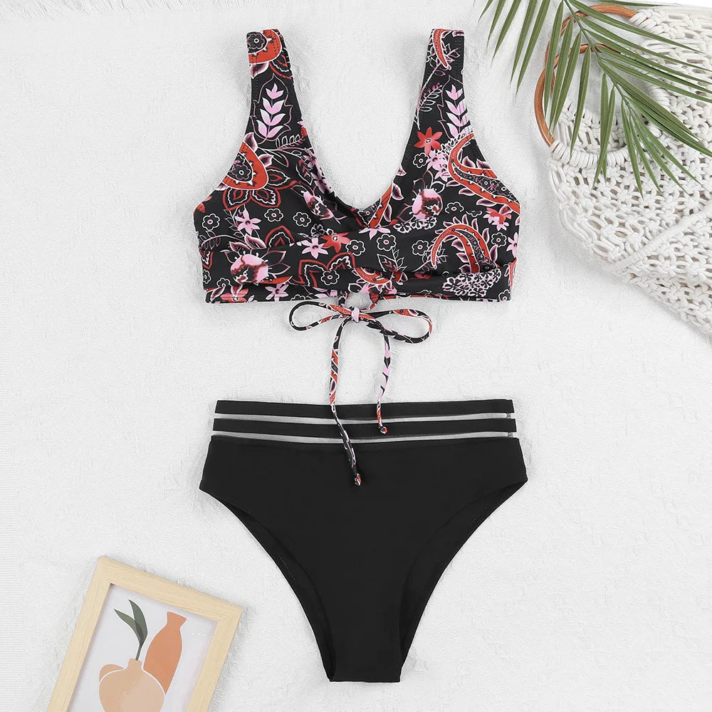 Drune | Schnürung Hohe Taille Bikini Frauen Badebekleidung Frauen Badebekleidung Badeanzug Gepolstert Push-Up Blumen Badeanzug Frauen Bikini Set