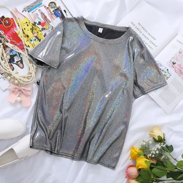 Drune | S 5Xl Damen Funkelnd Shiny Metallisch Holografisch Rundhals Kurzarm Lässig Lose Top Festival Party T-Shirt Damenbekleidung