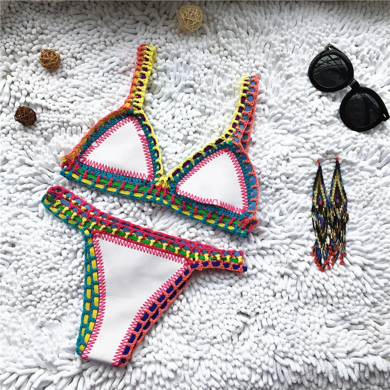 Drune | Gestrickter Bikini 2 Teilig Schwimmanzug für Frauen, Sommerstrandurlaub Badebekleidung, Sexy Dreieckiger Cup V-Ausschnitt Träger-Schwimmbekleidung
