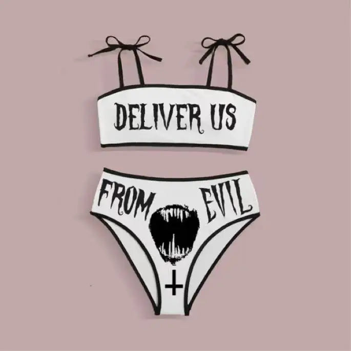 Drune | Sexy Goth Bikini Frauen Buchstaben Totenkopf Druck Badeanzug Split Badeanzug Hohe Taille Gotische Bikini Set Strandoutfits