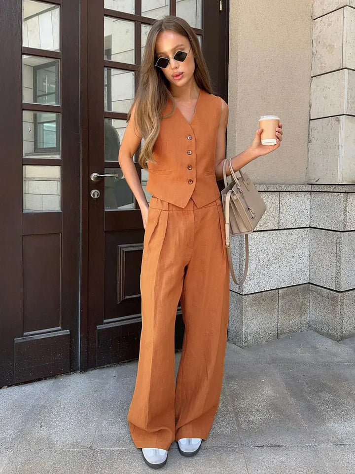 Drune | Wollgefühl Frauen Leinen Baumwolle Schick Weste ＆ Hosen Set Zweiteiliges Set Büro Damen Sommer Schick 2 Teiliges Set Damen Outfits