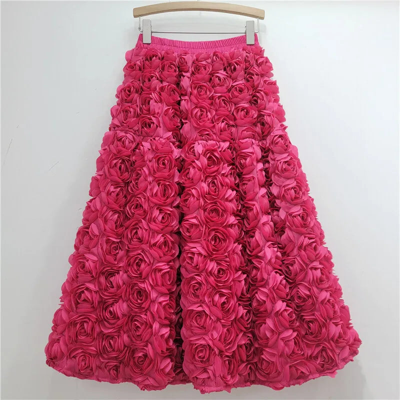 Drune | Herbst Neu Vielseitig Drei Dimensional Blumen Mittlere Falten Rock Hohe Taille Große Schwung Mode A-Linie Röcke Frauen