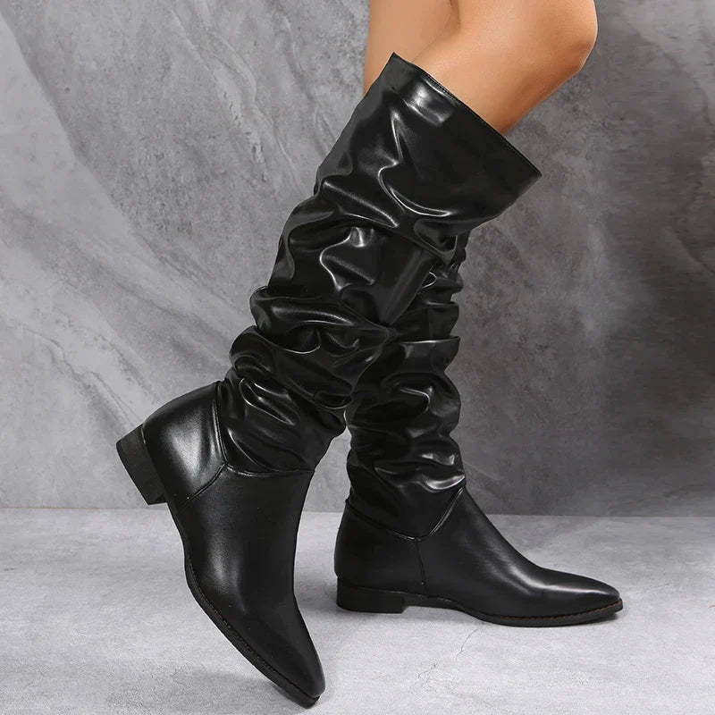 Drune | Knielange Punk-Stil Falten Pu-Leder Stiefel