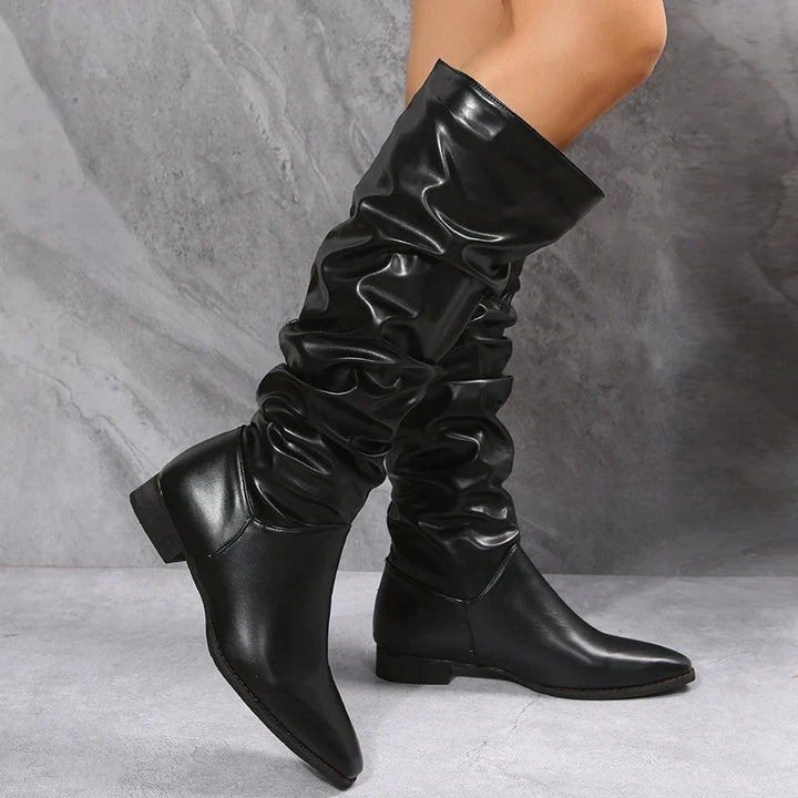 Drune | Knielange Punk-Stil Falten Pu-Leder Stiefel