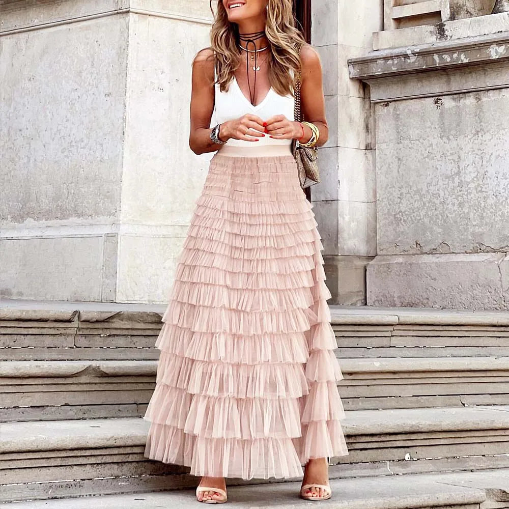Drune | Lässig Damen Solide Ballkleid Lange Rock Tüll Hohe Taille Plissierte Tutu Rock Elegante Damen Wildes Netz Dating Maxi Röcke Drop