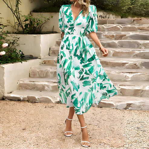 Drune Floral Kleid | Modernes elegantes Maxikleid mit V-Ausschnitt und Blumen