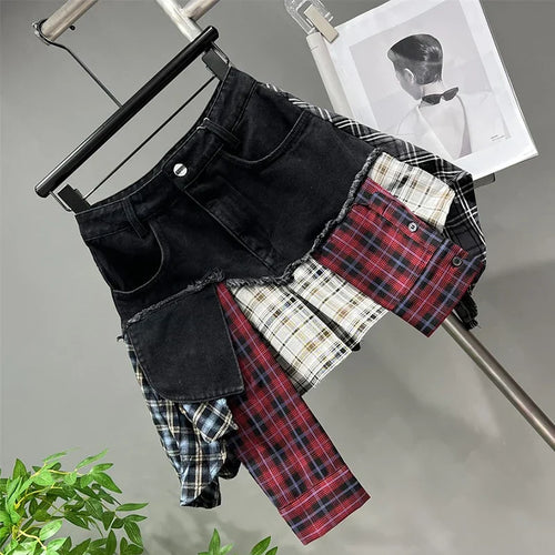 Drune | Jahrgang Unregelmäßig Patchwork Kariert Röcke Denim Kurz für Frauen Hohe Taille Eingewickelt Hüfte Mini Rock Sommer Weiblich