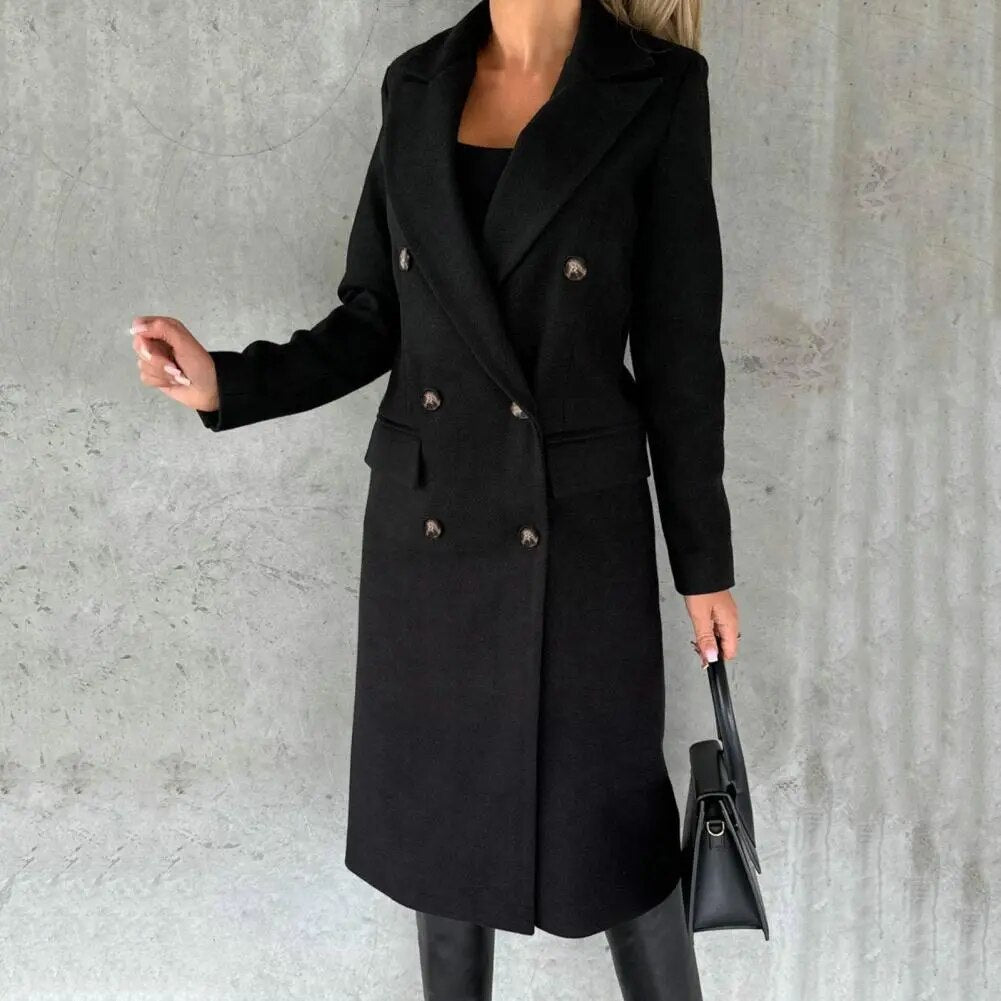 Drune | Damen Lange Jacke - Doppelt Knopf - Taillierte Passform - Mit Revers - Formelle Elegante Kleidung