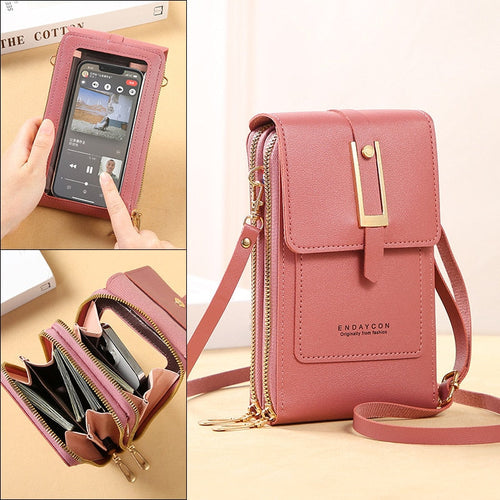 Drune | Leder Smartphone Clutch Damen Handtasche mit Touchscreen-Fenster