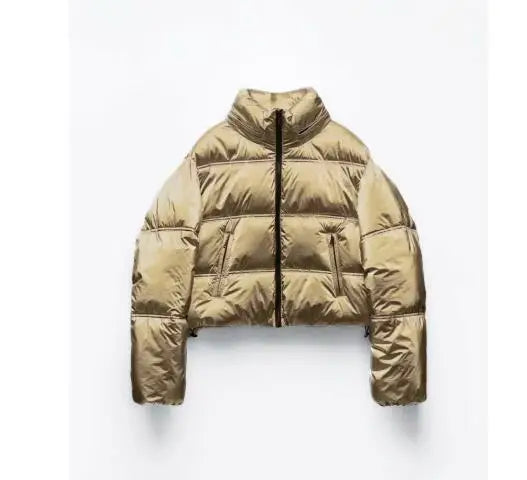 Drune | Kurz geschnittene metallische gesteppte Winterjacke mit hohem Kragen
