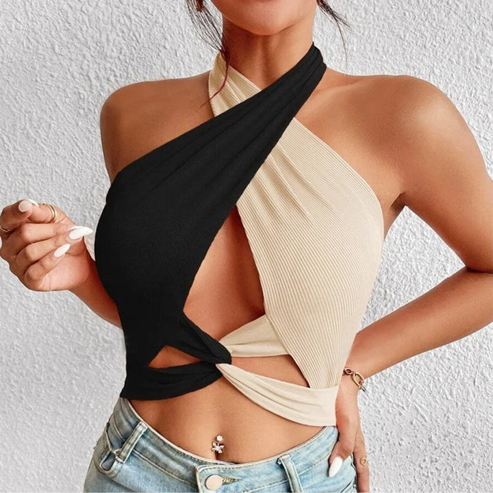 Drune | Frauen Sommer Tank Tops Sexy Patchwork Cross Halterneck Träger Loch Crop Tops Hoch Street Wear Neue Mode