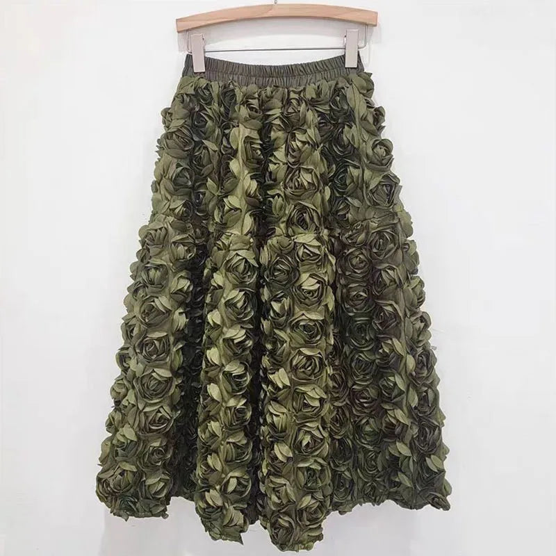 Drune | Herbst Neu Vielseitig Drei Dimensional Blumen Mittlere Falten Rock Hohe Taille Große Schwung Mode A-Linie Röcke Frauen