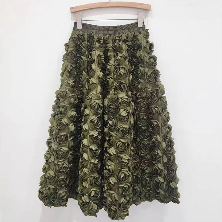 Drune | Herbst Neu Vielseitig Drei Dimensional Blumen Mittlere Falten Rock Hohe Taille Große Schwung Mode A-Linie Röcke Frauen