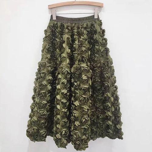 Drune | Herbst Neu Vielseitig Drei Dimensional Blumen Mittlere Falten Rock Hohe Taille Große Schwung Mode A-Linie Röcke Frauen