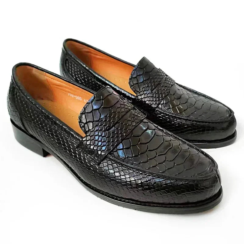 Drune | Luxus Schwarze Lederloafers Mit Schlangenprint