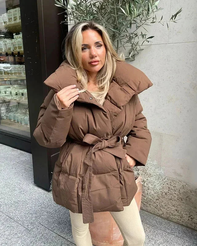 Drune | jack mit Gürtel für Damen - warmer brauner Jacke mit oversized Kragen